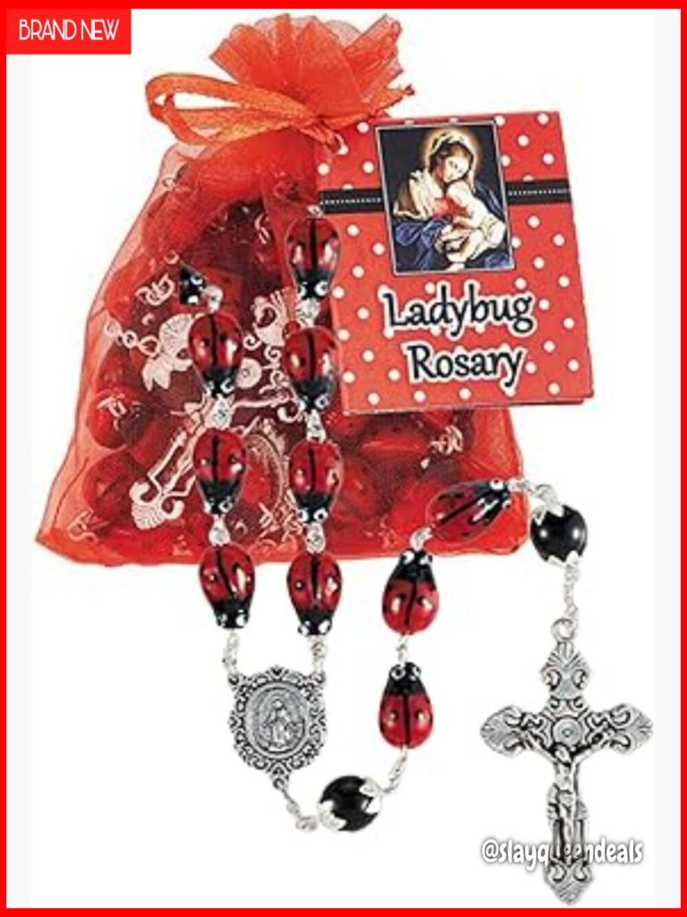 Red Lady Bug Rosary Necklace Gift Set with Organza Bag, Catholic Prayer Jewelry